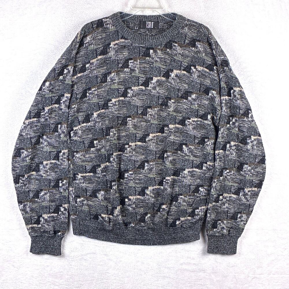 VTG TSR Sweater Mens XL Gray Knit Geometric Oversized Coogi Style Preppy 90s USA